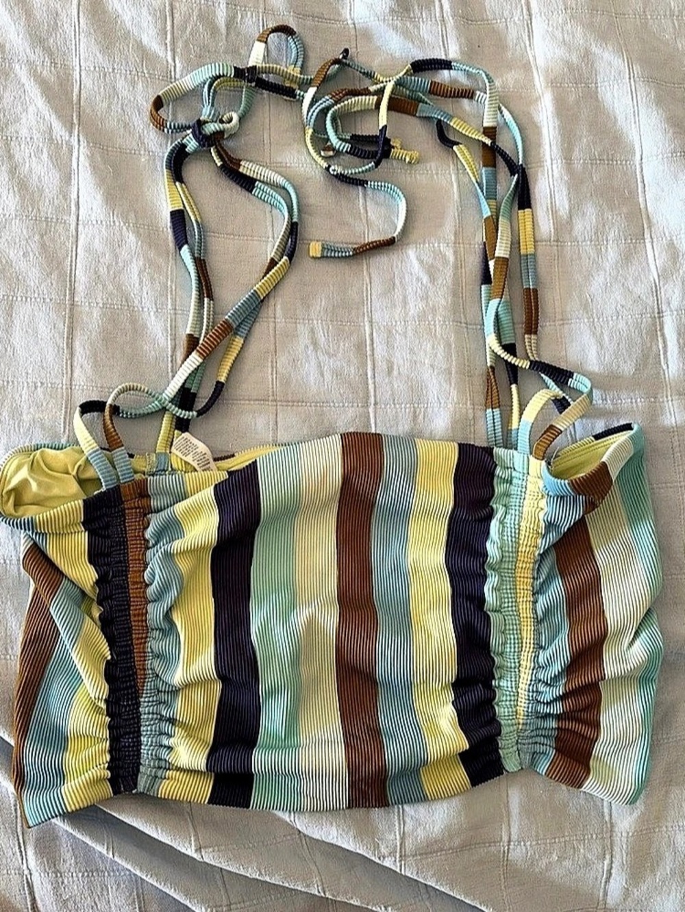 aerie Bandeau Striped Bikini Top in Green & Yellow Size XL Like New